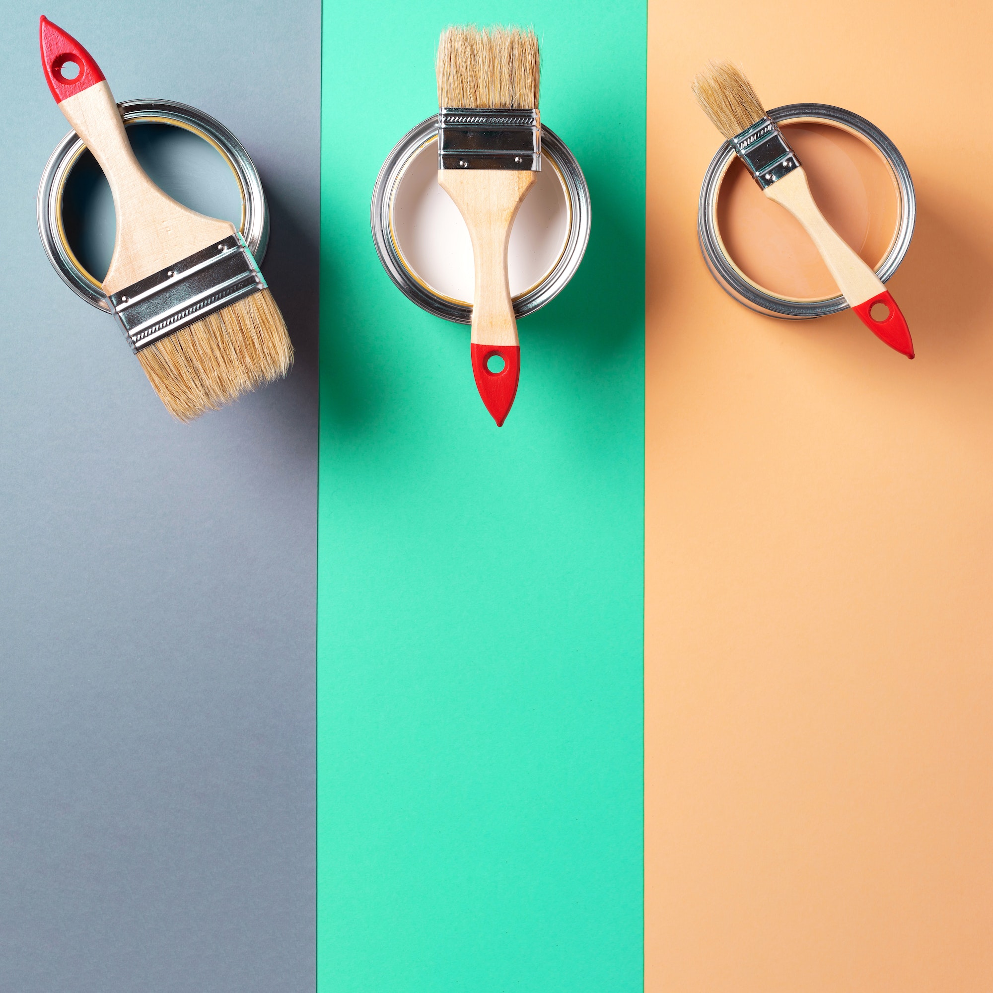 Metal paint cans and paint brushes on multicolor background. Top view. Copy space. Trendy green