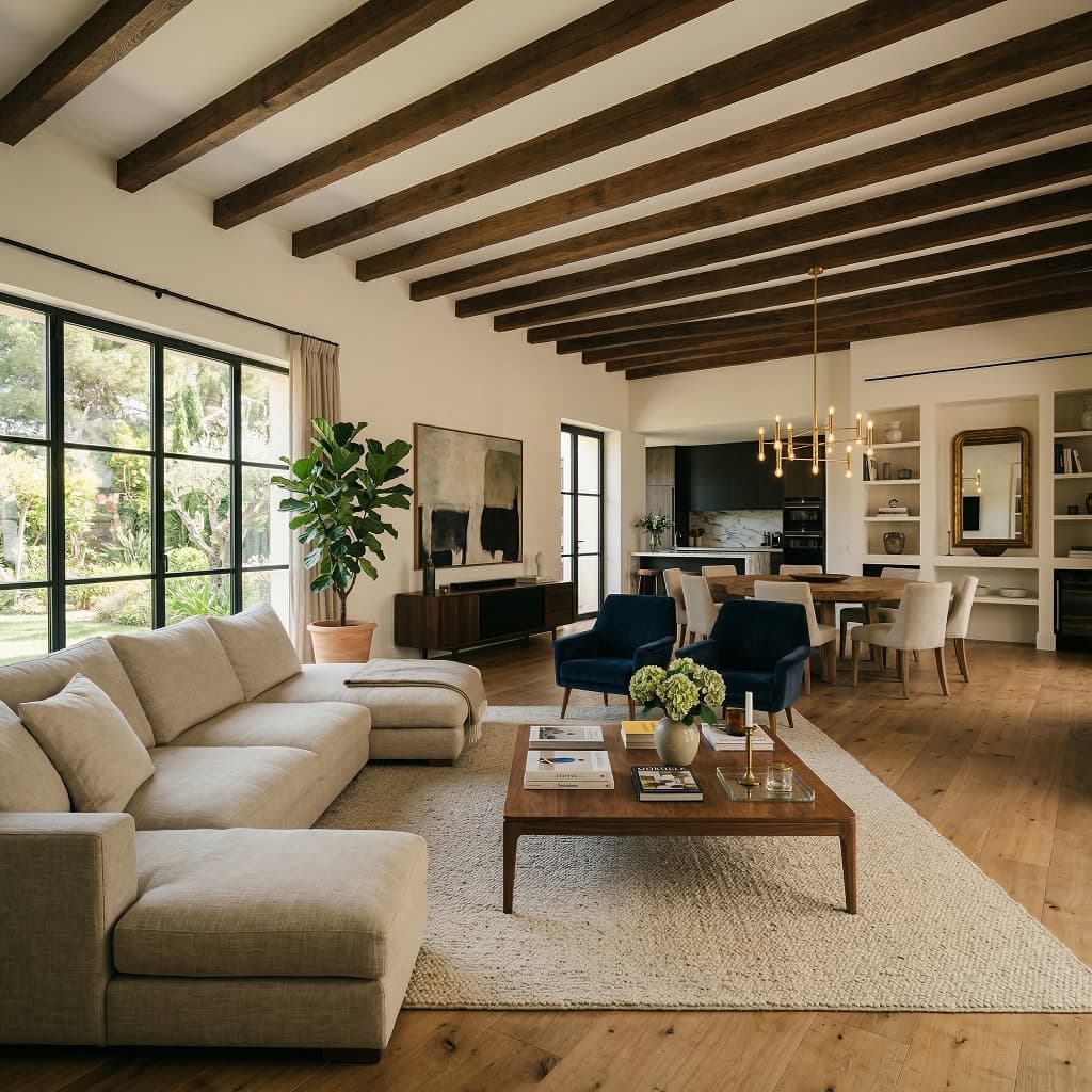 Modern kitchen island in a smart home remodeling DFW project, featuring custom wood beams and high-end technology integration.