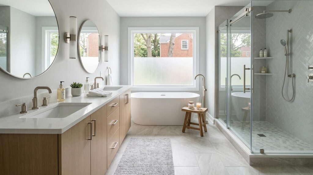 Realistic square photograph showcasing a beautifully completed master suite bathroom remodeling project in Arlington, TX, featuring a freestanding tub, glass marble shower, and double vanity, by our expert remodeling team.