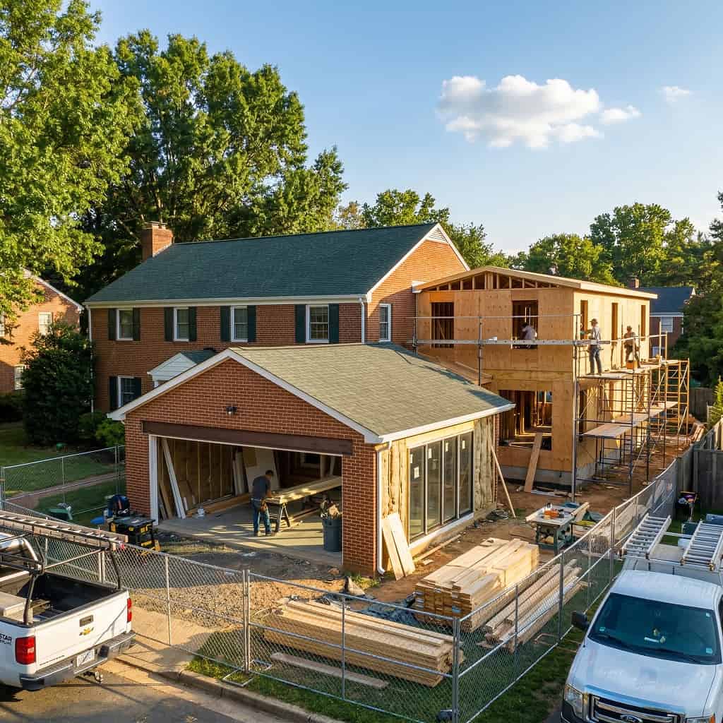 Realistic composite image showcasing a completed garage conversion into a living space and a integrated home addition project in Arlington, TX, by our expert remodeling team.