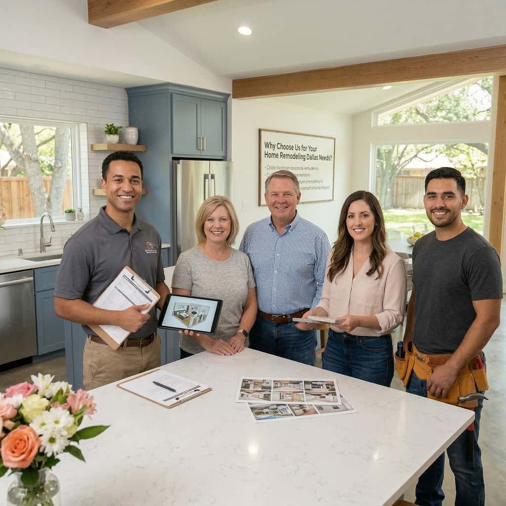 Happy homeowners reviewing 3D design plans with our expert team during a home remodeling Dallas consultation.