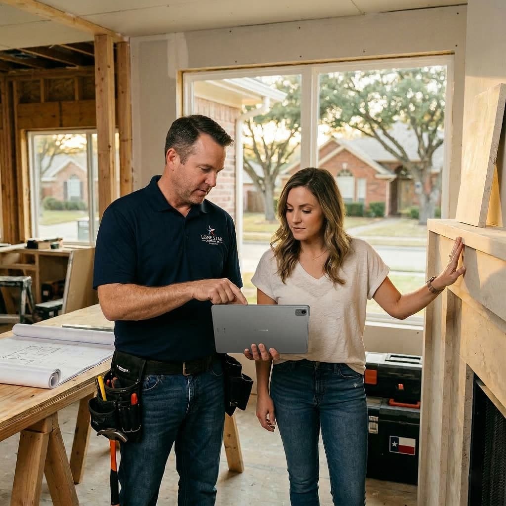 Professional contractor and homeowner discussing design plans on a tablet during a custom home remodeling Arlington project.