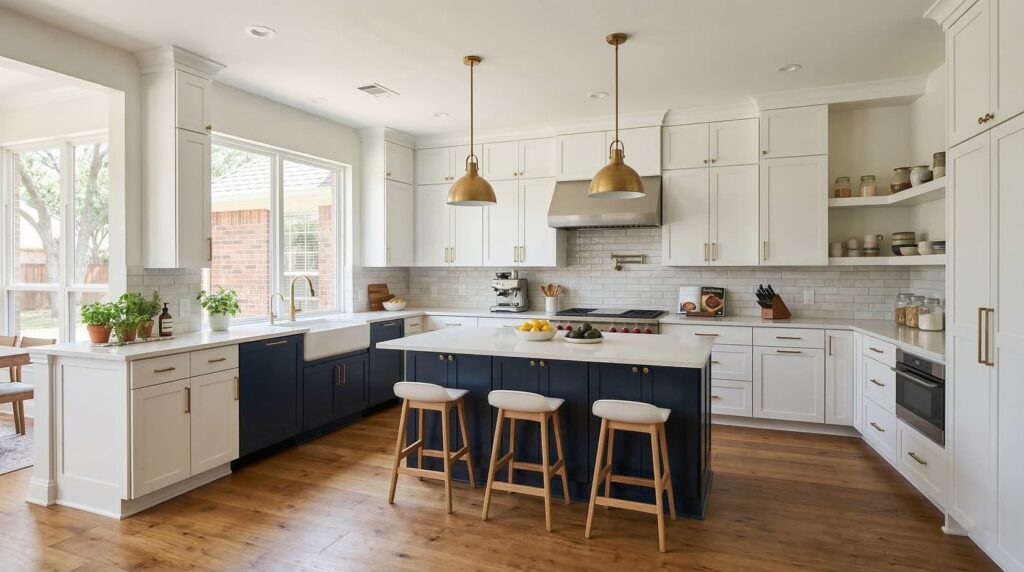 Stunning modern kitchen featuring a navy blue island, white cabinets, and hardwood floors, beautifully completed by our expert kitchen remodeling Arlington team.