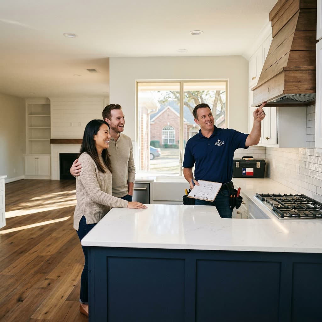 A smiling couple reviews their modern kitchen renovation with a contractor pointing to a new custom wooden range hood in Plano, Texas